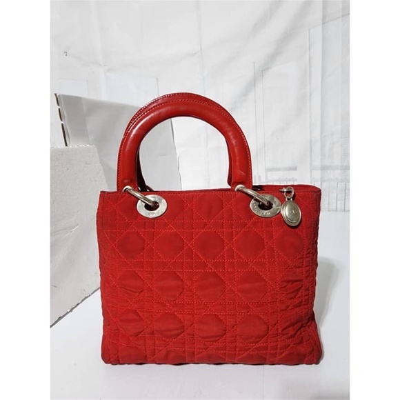 Authentic Christian Dior Vintage Canage Quilted Nylon Lady Dior Hand Bag Red - Picture 16 of 16
